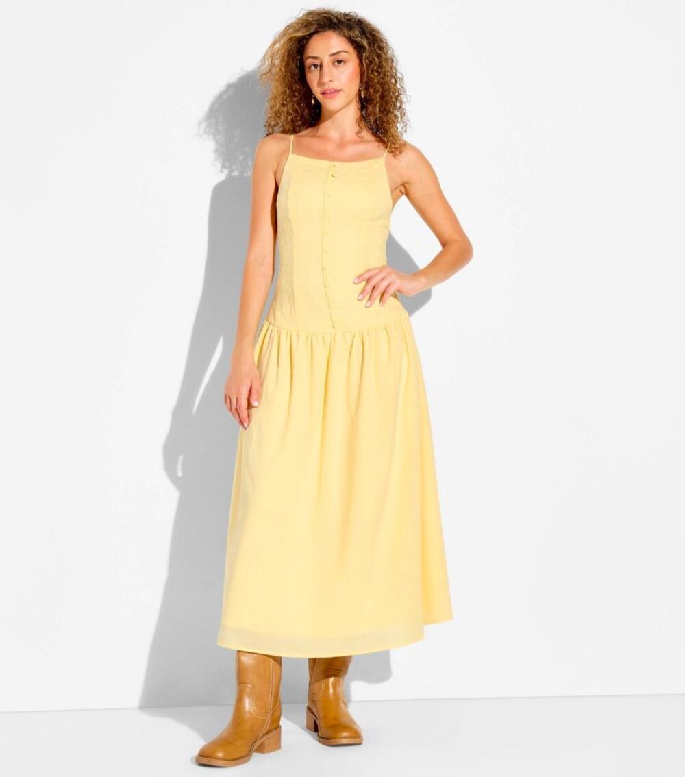 Wild Fable Yellow Dropped Waist Midi A-Line Medium Dress